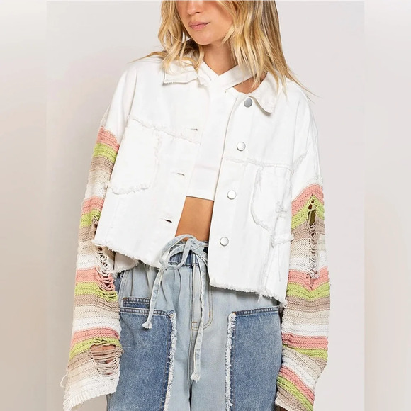 021. POL Distressed White Denim Cropped Ripped Knit Long Sleeve Jacket - Picture 1 of 7